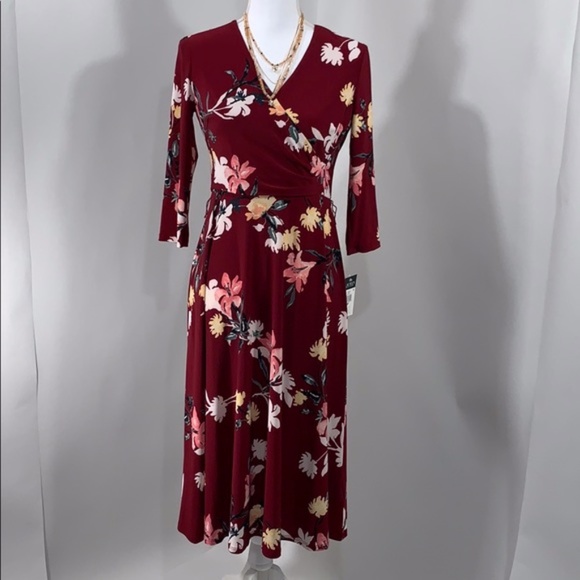 Vibrant Garnet & Pink Floral Tie-Waist Midi Dress - Picture 1 of 7